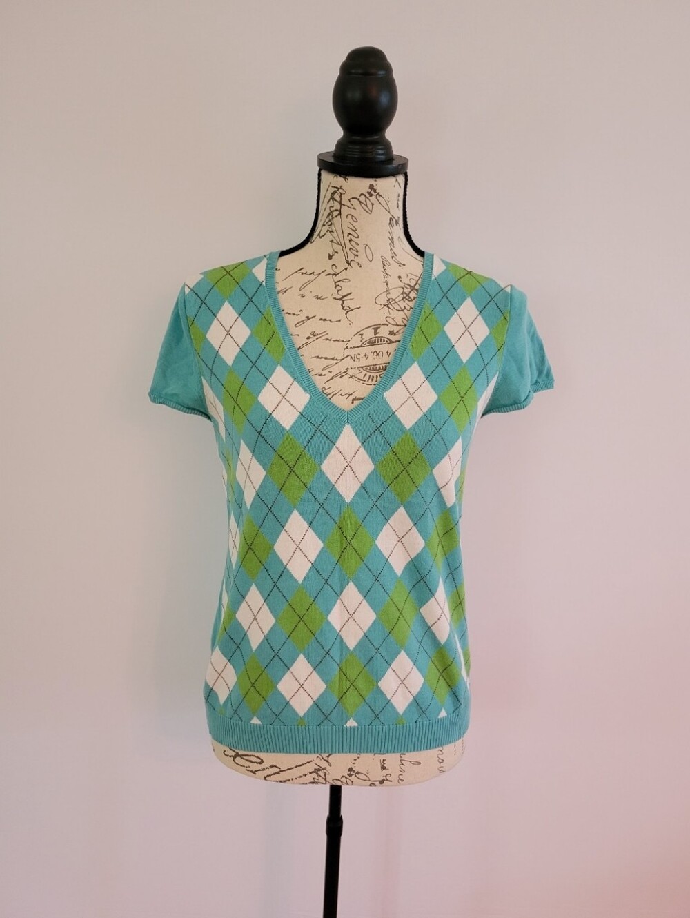 J. Crew Vintage Aqua and Lime Argyle V-Neck Short Sleeve Top Size S